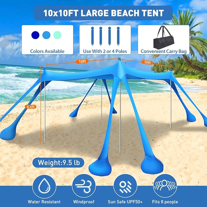 Beach Tent Sun Shelter 10x10ft Beach Canopy Easy Pop Up Sun Shade Portable - Image 2