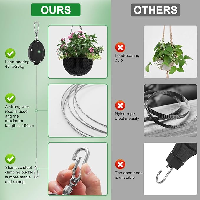 3 Pack Heavy Duty Retractable Plant Hangers Adjustable Pulleys - Image 6