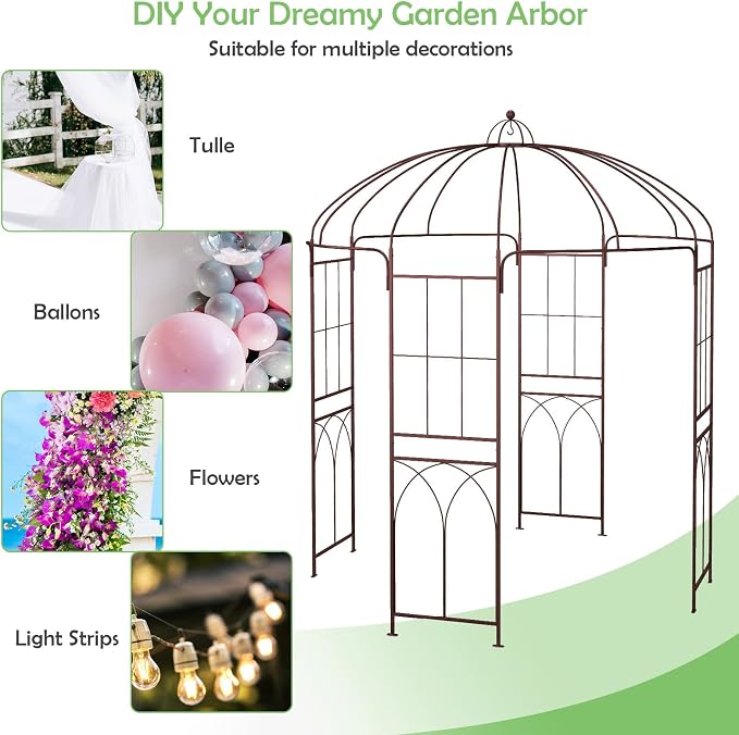 HAPPYGRILL Birdcage Shape Garden Arbor, 7 x 8.4 ft Heavy Duty Metal Garden - Image 8