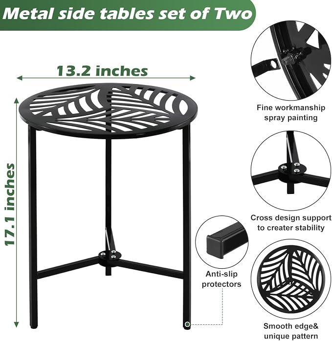 Party Zealot Set of 2 Small Round Metal Side Tables, 13-Inch Black Outdoor End - Image 3
