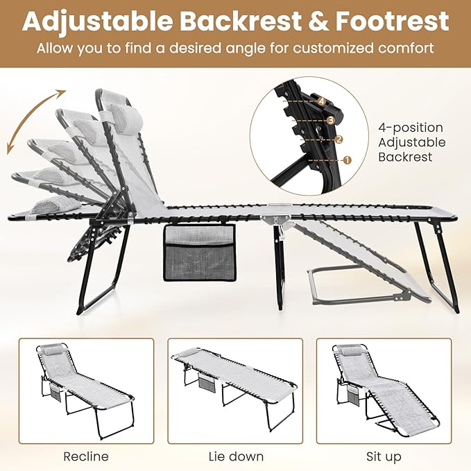 GYMAX Lounge Chairs for Outside, Extra High Folding Beach Tanning Lounger - Image 4