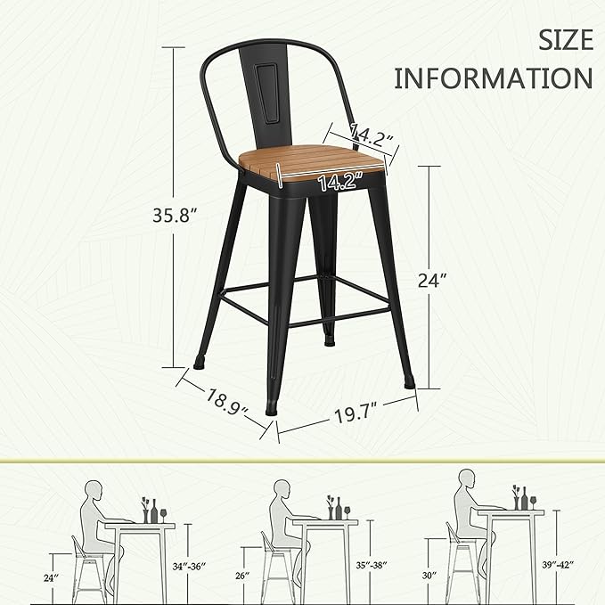 Outdoor Metal Bar Stools Set of 4, 24 inch Barstools Counter Height Bar Stool - Image 3