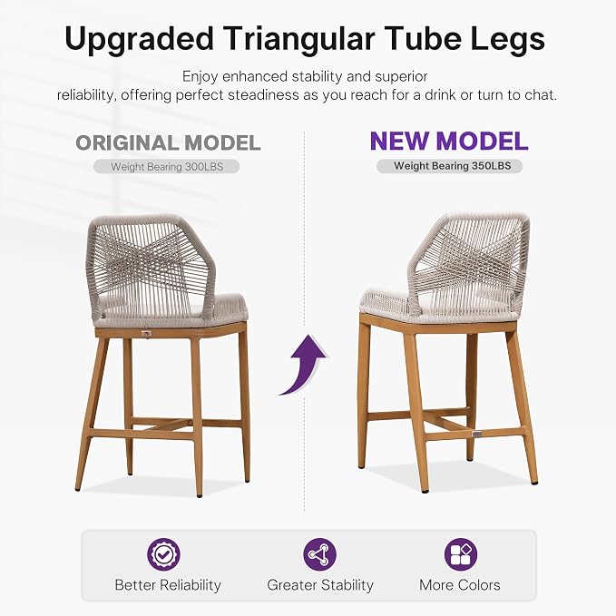 PURPLE LEAF Counter Height Bar Stools Set of 2 Rattan Wicker Outdoor Metal Boho - Image 3