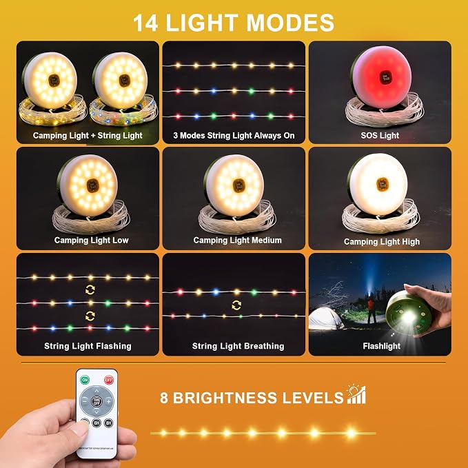 Camping String Lights, 4 in 1 Quick Storage 33FT Rechargeable Tent Lights - Image 4