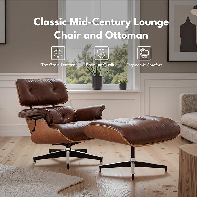 Top Grain Leather, Mid Century Chaise Lounge Chair and Ottoman, Reading Chair - Image 2
