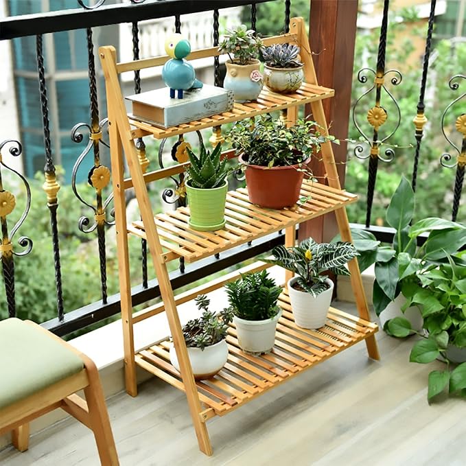 Ufine Bamboo Ladder Plant Stand 3 Tier Foldable Flower Pot Display Shelf Rack - Image 2