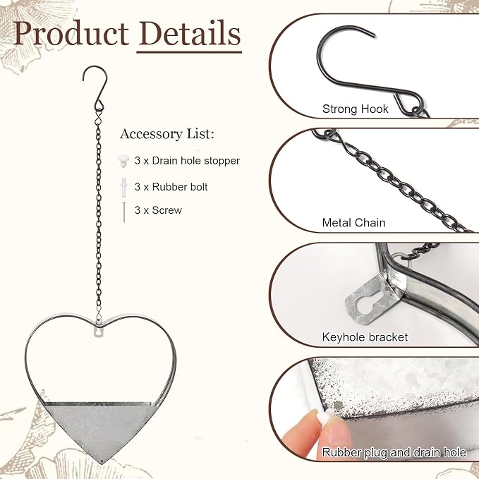 3 Pcs 3 Size Heart Metal Hanging Planter Indoor Outdoor, 13.4" 10.6" 7" Large - Image 3