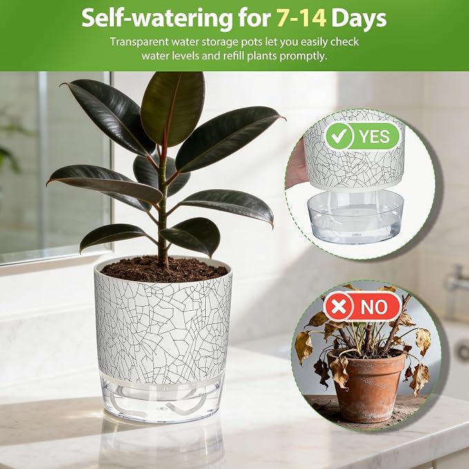 Self Watering Pots for Indoor Plants, 4/5.5 Inch Crackle Pattern Planters - Image 4