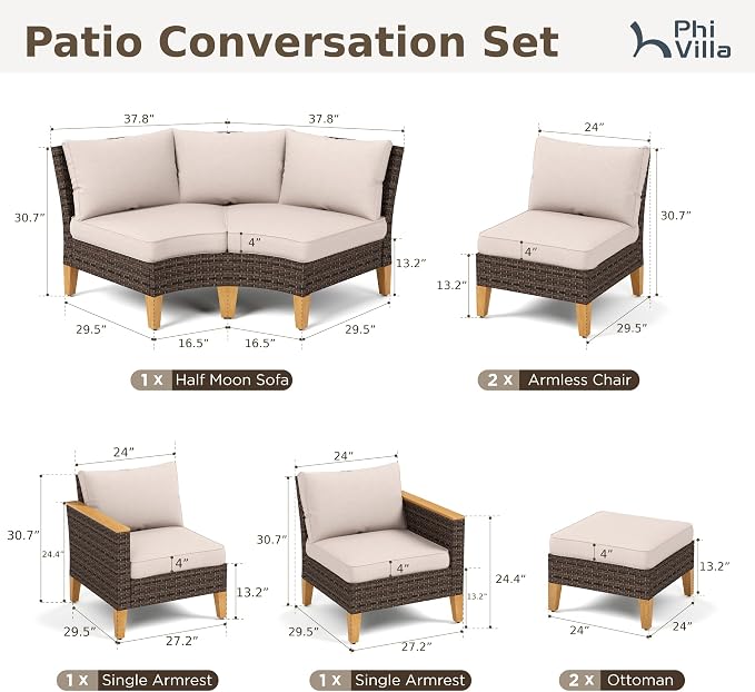 PHI VILLA 7-Piece Curved Patio Furniture Set, Half-Moon Wicker Sectional - Image 2