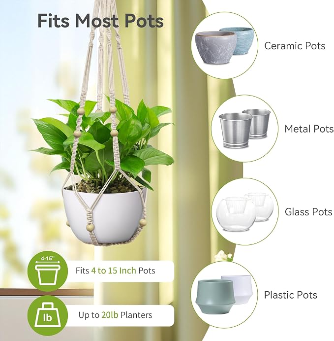 USLAI Macrame Plant Hanger Indoor Outdoor, Fits 4 to 15 Inch Pots, Strong - Image 3