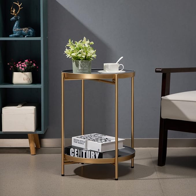 HollyHOME 2-Tier Round Gold Side Table, Outdoor Small Folding Accent Stand - Image 8