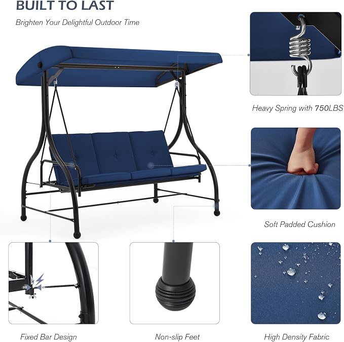 AECOJOY Porch Swing Chair, 3 Seats Porch Swing Adjustable Canopy Outdoor Swing - Image 4