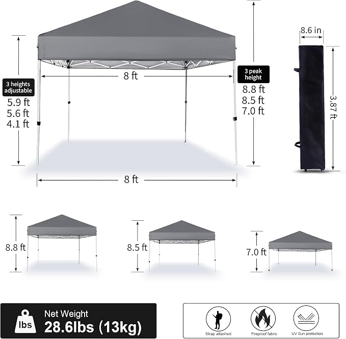 Pop Up Canopy 8X8 FT, Portable Sun Instant Shelter w/Backpack Bag, Waterproof - Image 2