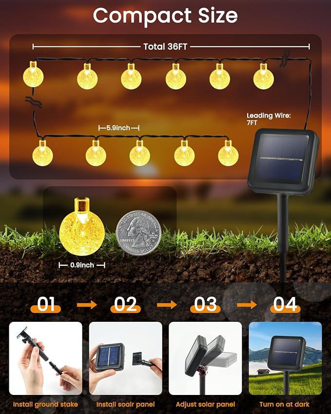 2-Pack 64FT 100 LED Crystal Globe Solar String Lights Outdoor, Waterproof Solar - Image 2
