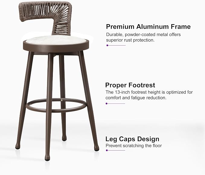 PURPLE LEAF Outdoor Swivel Bar Height Stools Set of 2 Metal Modern Wicker Bar - Image 7
