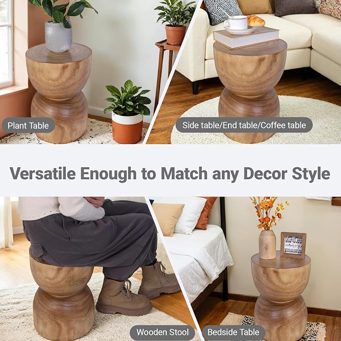Small Wooden Side Table, 15.75" H Hand Carved Rustic Tree Stump End Table - Image 4