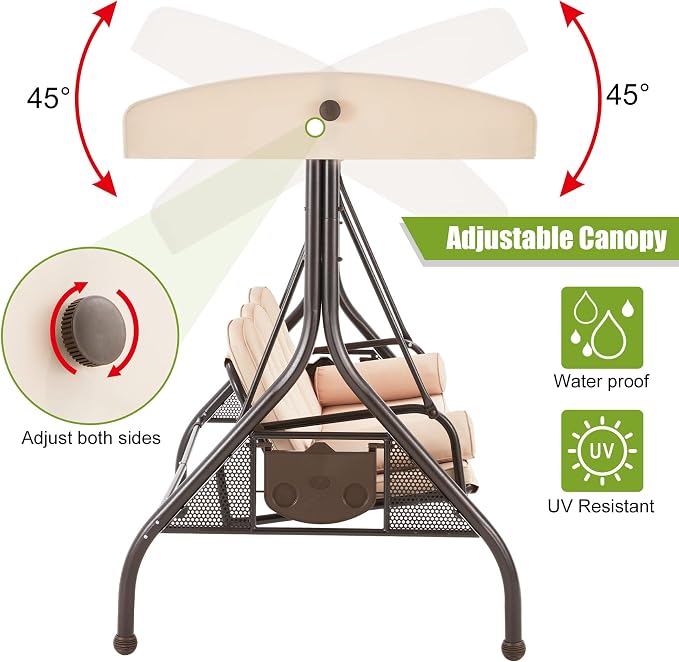 GYUTEI 3-Seat Patio Swing with Canopy, Outdoor Porch Swing with 1.5" Upgraded - Image 3