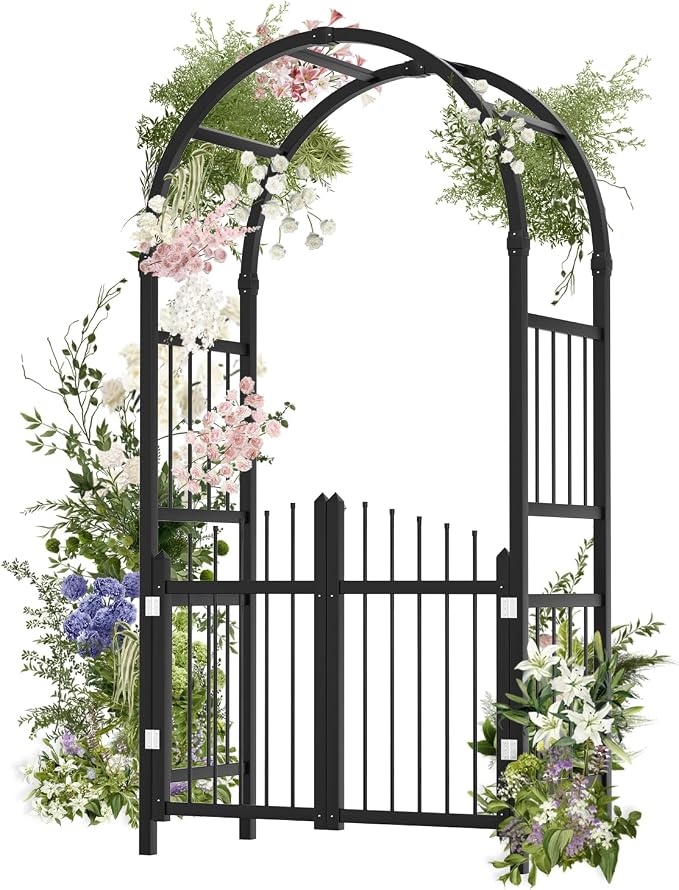 VINGLI Garden Arbor with Gate, PVC Frame Trellis Garden Arch by VINGLI