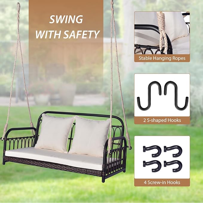 Tangkula Outdoor Wicker Porch Swing, 2-Person Hanging Seat - Image 7