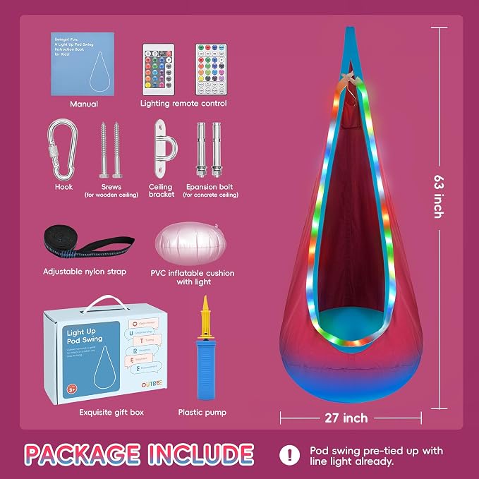 OUTREE Light Up Pod Swing for Kids, Hanging Swing Chair, Cotton Sensory Chair - Image 6
