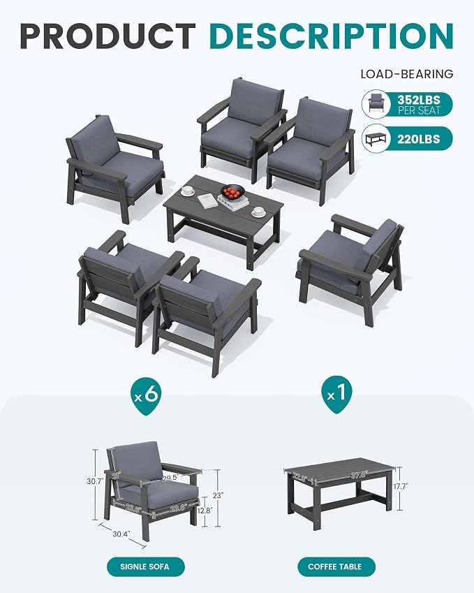 SERWALL HDPE Outdoor Furniture Set, 7 Piece All Weather Wood-Like Outdoor Sofa - Image 2