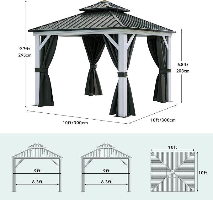 YITAHOME 10X10FT Hard Top Metal White Gazebo Patios Double Roof Canopy Aluminum - Image 8