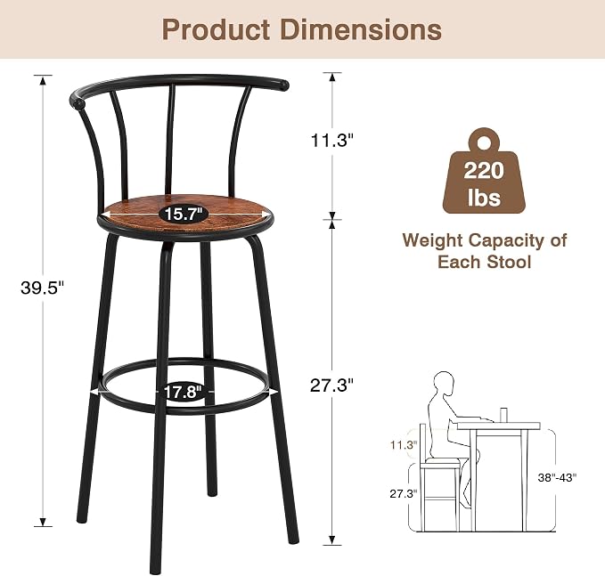 VECELO Bar Stools Set of 2, Swivel Counter Barstools - Image 2