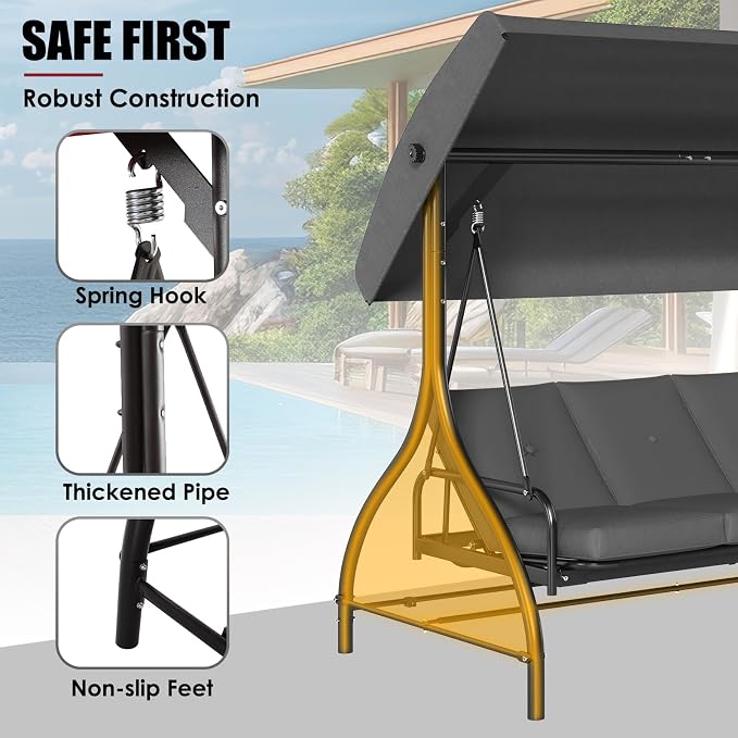 MAMIZO 3-Seat Patio Swing with Adjustable Canopy & Backrest, Outdoor Porch - Image 5