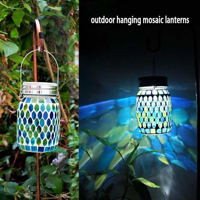 Solar Mosaic 2pack Outdoor Waterproof Cool Blue Mosaic jar Decor Christmas Gifts - Image 5