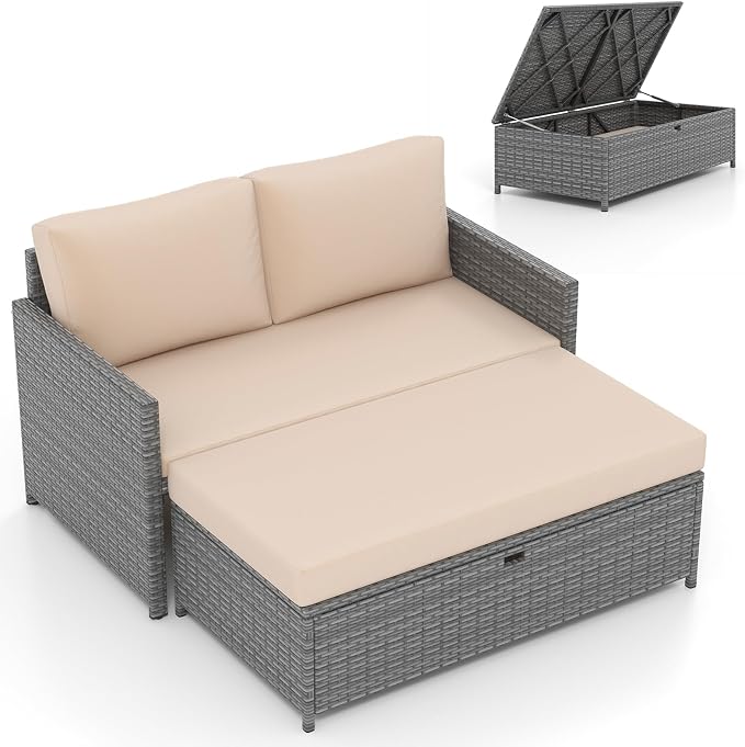 Tangkula Outdoor Rattan Daybed, Wicker Loveseat & 31 Gallon Storage Ottoman by TANGKULA