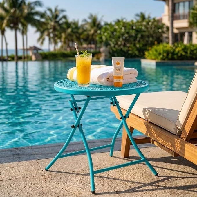 TeoKJ Folding Outdoor Side Tables, Anti Rust Small Patio Table Round Metal - Image 2