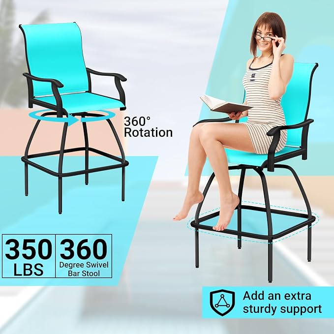 LEVELEVE Patio Bar Set 2pcs Swivel Bar Stools Outdoor Bistro Textilene - Image 4