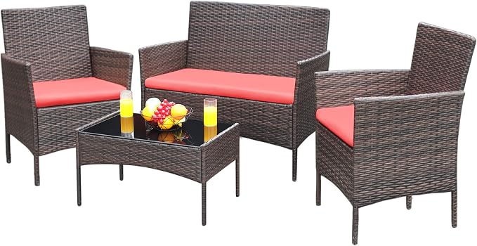 Greesum Patio Furniture 4 Pieces Conversation Sets Outdoor Wicker Rattan Chairs by BuynowfromGreesum