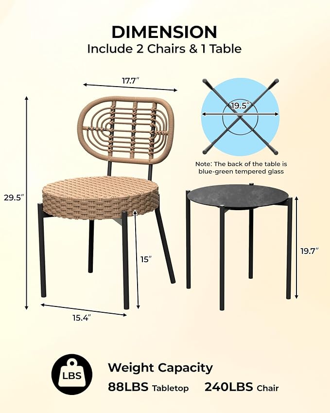 GarveeLife 3 Piece Wicker Patio Bistro Furniture Set, Outdoor Dining Chairs - Image 3