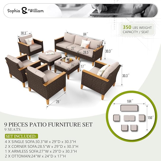 Sophia & William Patio Furniture Sets, 9 Piece Sectional Outdoor Rattan Wicker - Image 7