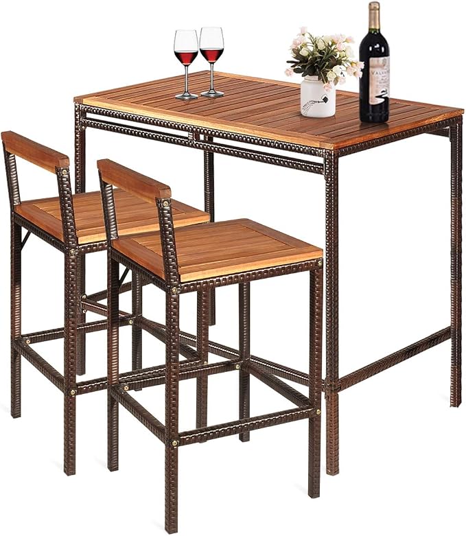Tangkula 3 Pieces Patio Bar Table Set, Outdoor Rattan Bistro Set by TANGKULA