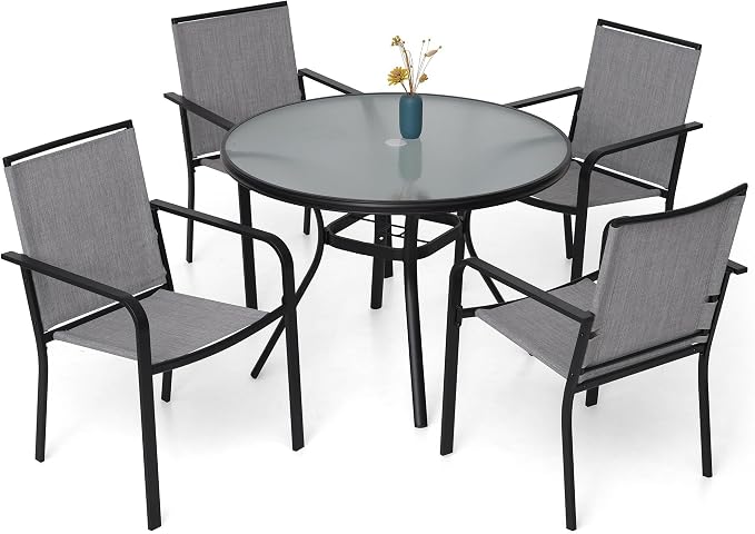 5-Piece Outdoor Patio Dining Set, 40-Inch Round Glass Table by Anmutig