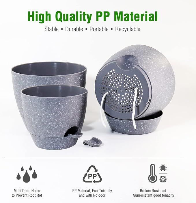 Large Self Watering Pots, 12/10/9 Plastic Planters - Image 3