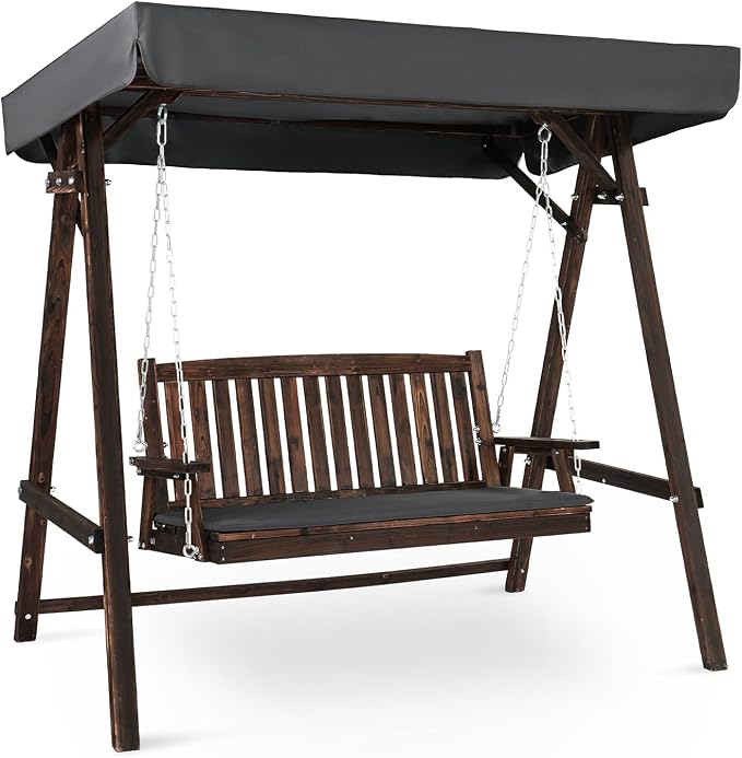 VINGLI Porch Swing with Stand, Wooden Swing & Stand with Canopy, Hanging Swing by VINGLI