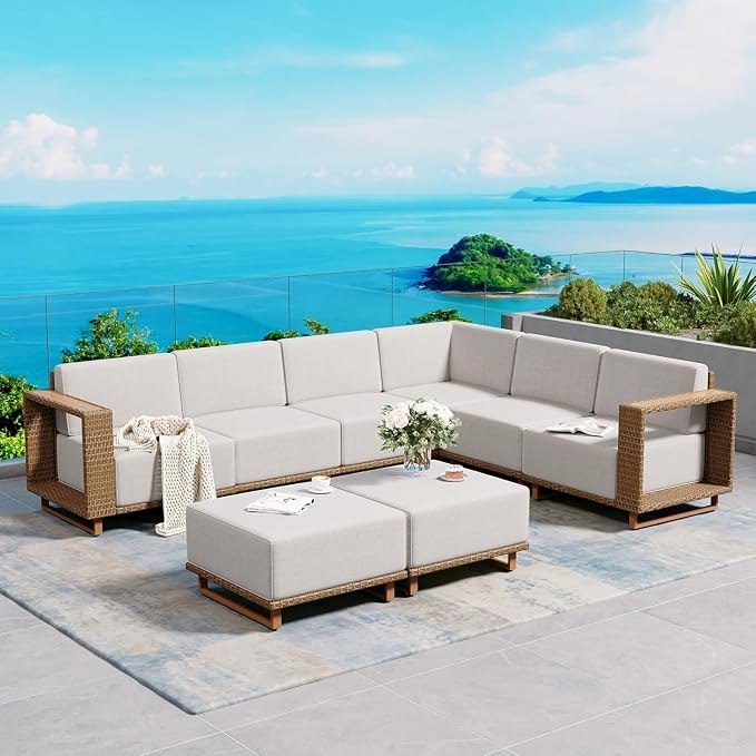 L Shaped Patio Furniture, Outdoor Rattan Wicker Sectional Sofa by SUNSHINEVALLEY