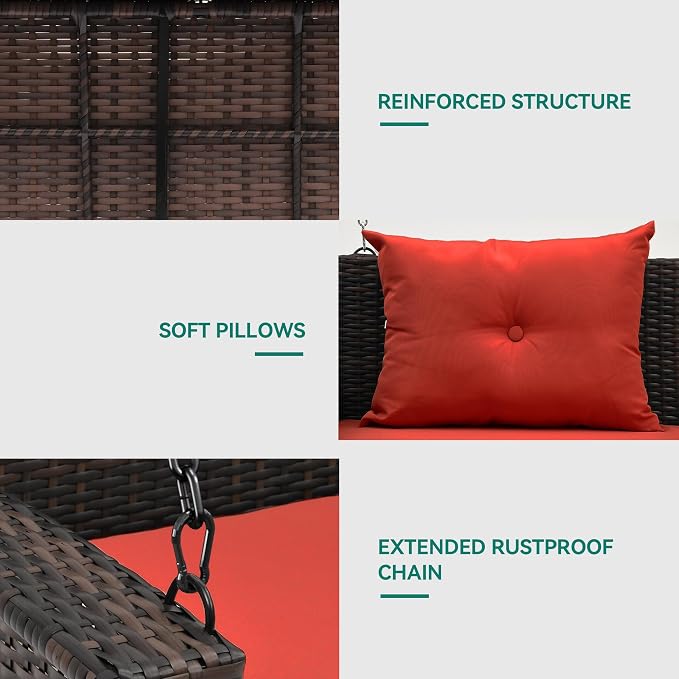 YITAHOME Wicker Hanging Porch Swing Chair Outdoor Brown Rattan Patio Swing - Image 6