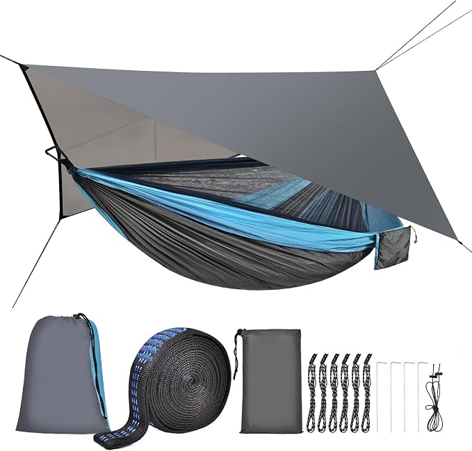 Camping Hammock with Mosquito Net Rain Fly Heavy Duty Tree Strap Nylon by WELCOMETOFIRINER