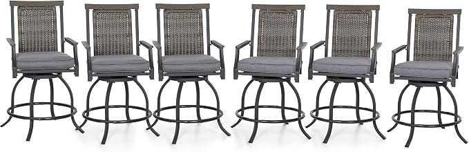 PHI VILLA Outdoor Swivel Bar Stools Set of 6, Rattan Backrest and Wood-Like by PHIVILLAThepioneerofcomfortablehouseholdsupplies
