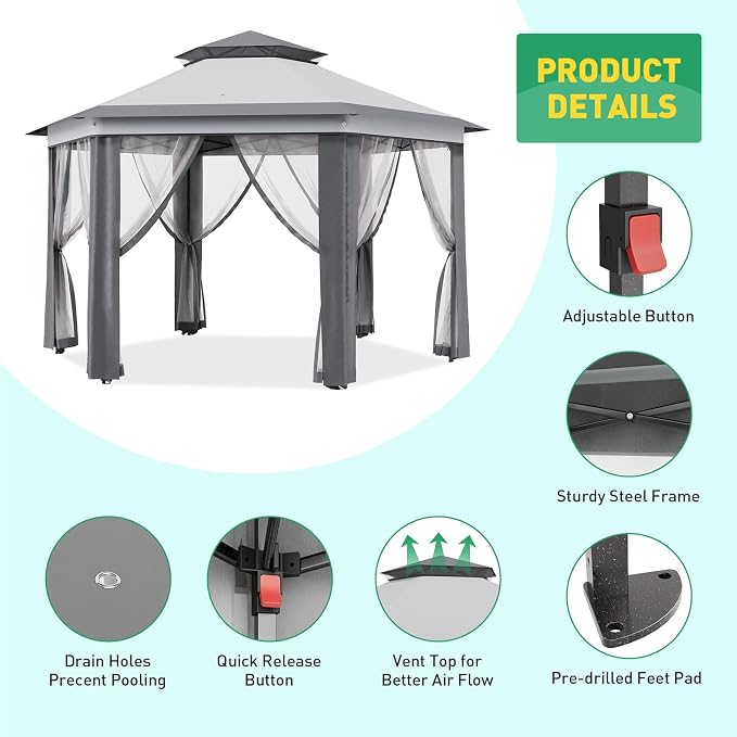 13' x 13' Pop-Up Gazebo, Hexagonal Canopy Shelter - Image 5