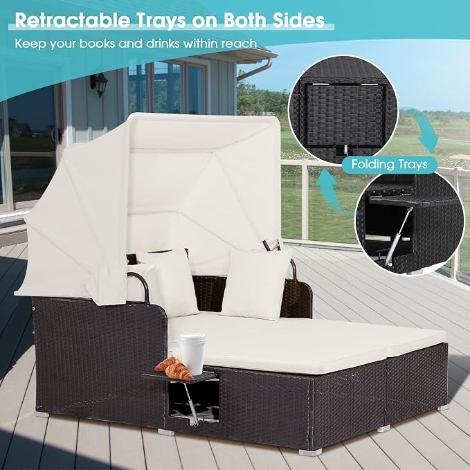 Moccha Outdoor Daybed with Retractable Canopy, Wicker Cabana with 2 Side Tables - Image 8