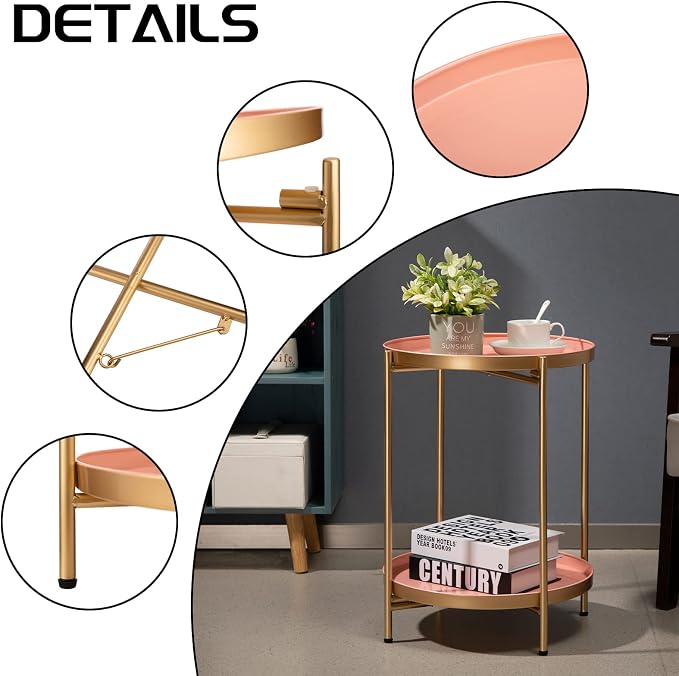 HollyHOME 2-Tier Round Gold Side Table, Outdoor Small Folding Accent Stand - Image 6