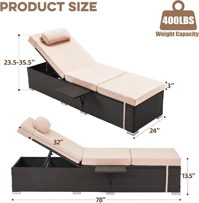 Outdoor Chaise Lounge with Adjustable Backrest Set of 2, 6-Position Reclining - Image 2