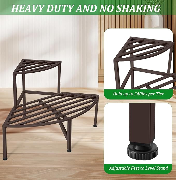 Corner Plant Stand Outdoor Metal, 2 Tier Heavy Duty Ladder Plant Shelf Indoor - Image 3