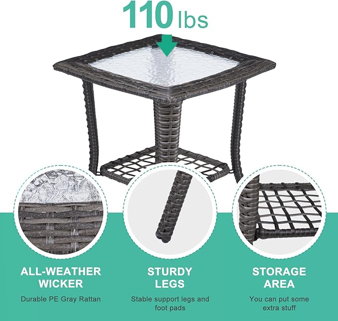 VINGLI Outdoor Side Table with Storage Wicker Patio Side Table, Tempered Glass - Image 4