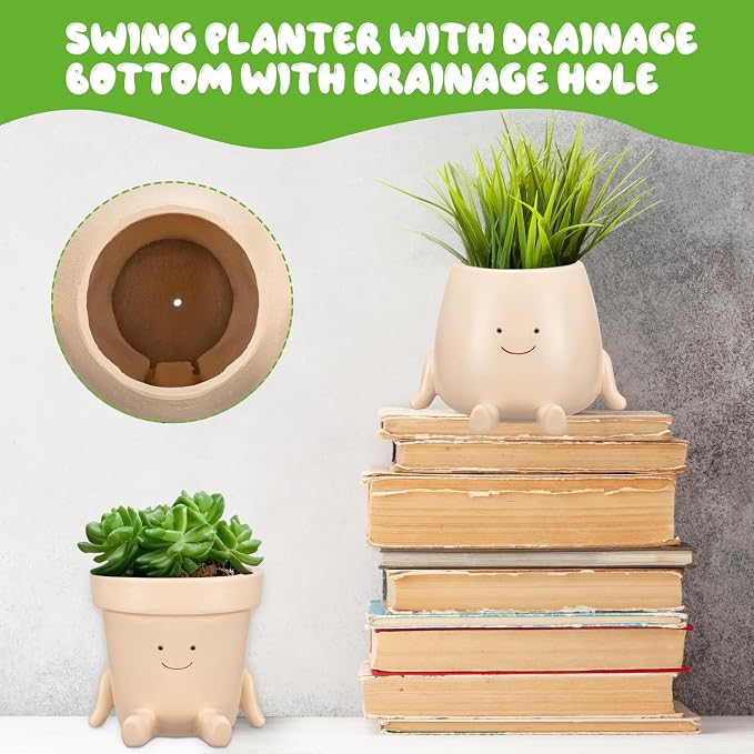 Domensi 2 Pcs Swing Hanging Planter Cute Smile Flower Face Pot Indoor Outdoor - Image 3